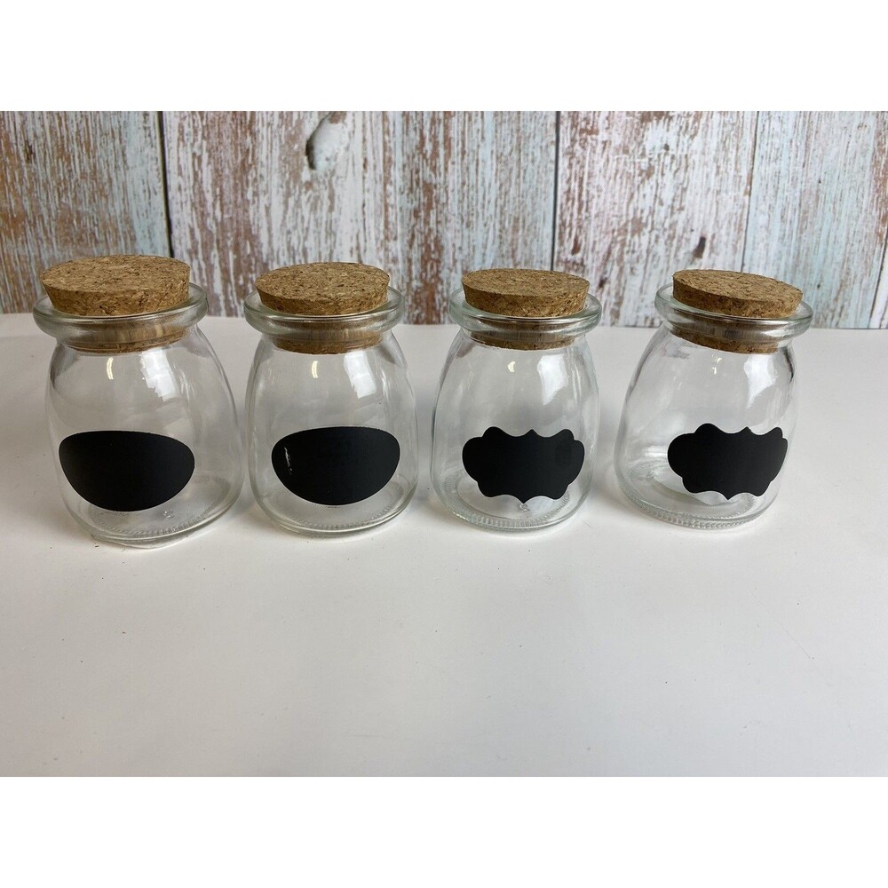 Lot of 4 Small Glass Jars Spice Apothecary with Chalkboard Labels Cork Lids New